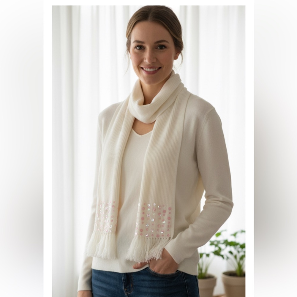 Carolyn Taylor Cream Sweater With Attached Sequined Scarf NWT Size XL